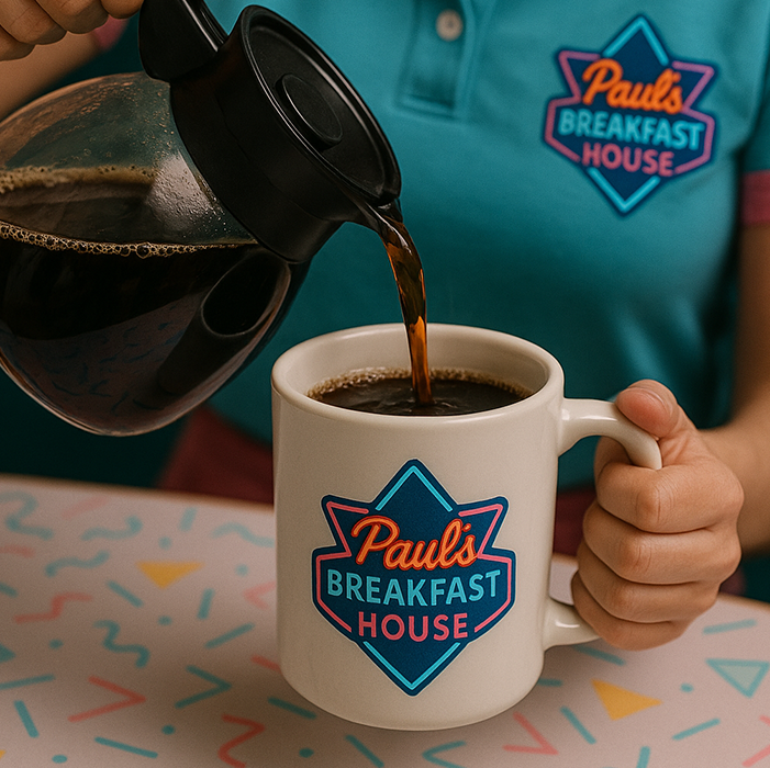 Server pouring coffee into a Paul's Breakfast House branded mug at our 80s-themed diner in Branson MO