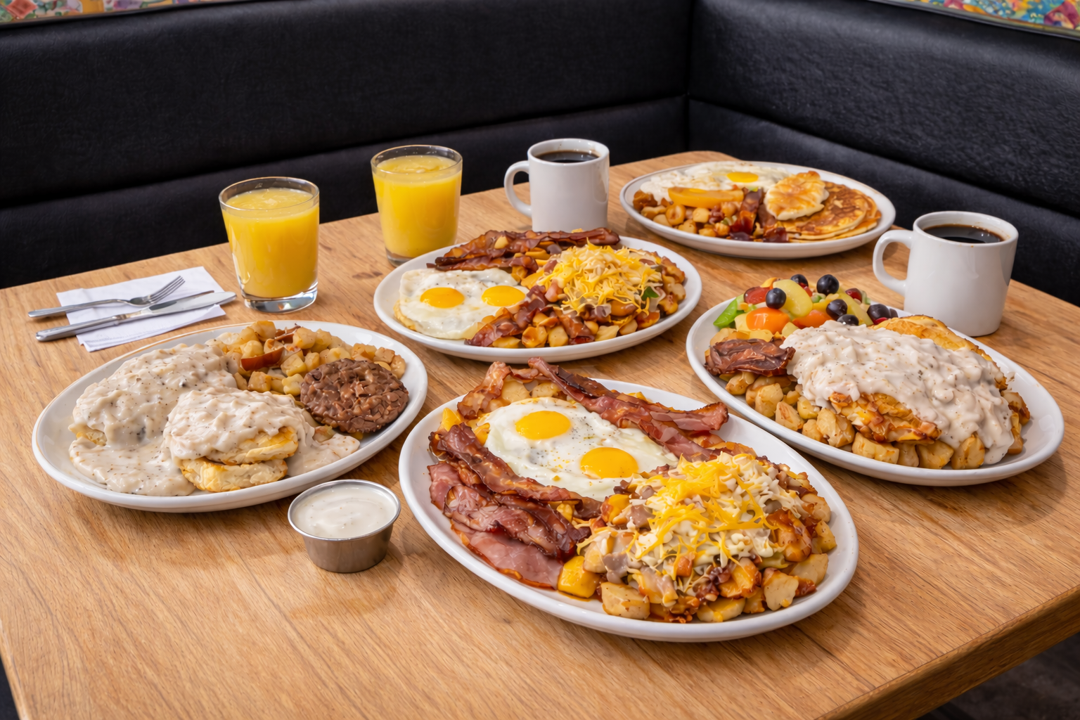 Full table of breakfast plates including biscuits and gravy, loaded hash browns, eggs and pancakes at Paul's Breakfast House Branson